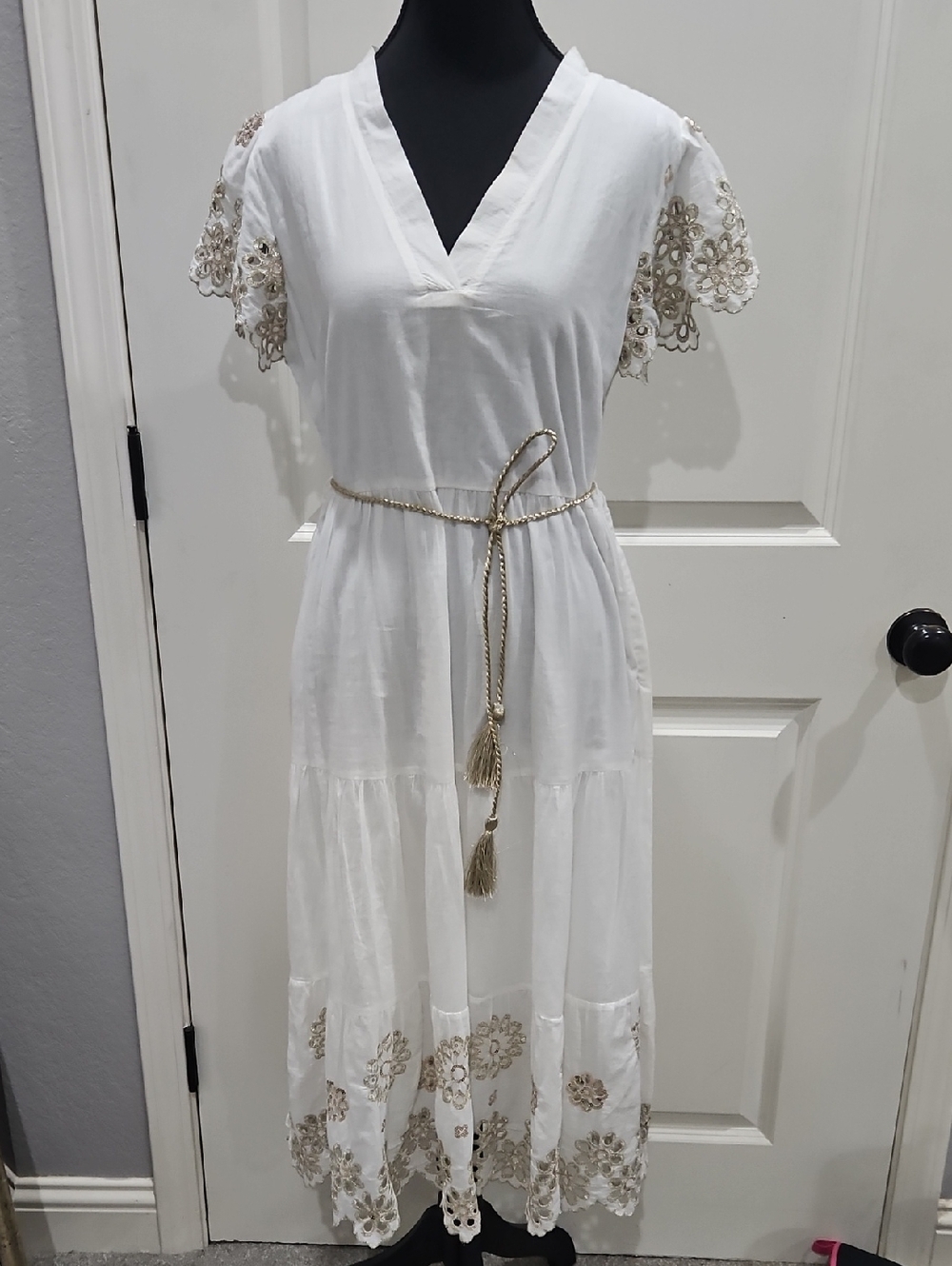 Jude Connally Boho White V-Neck Maxi Dress with Gold Embroidered Accents